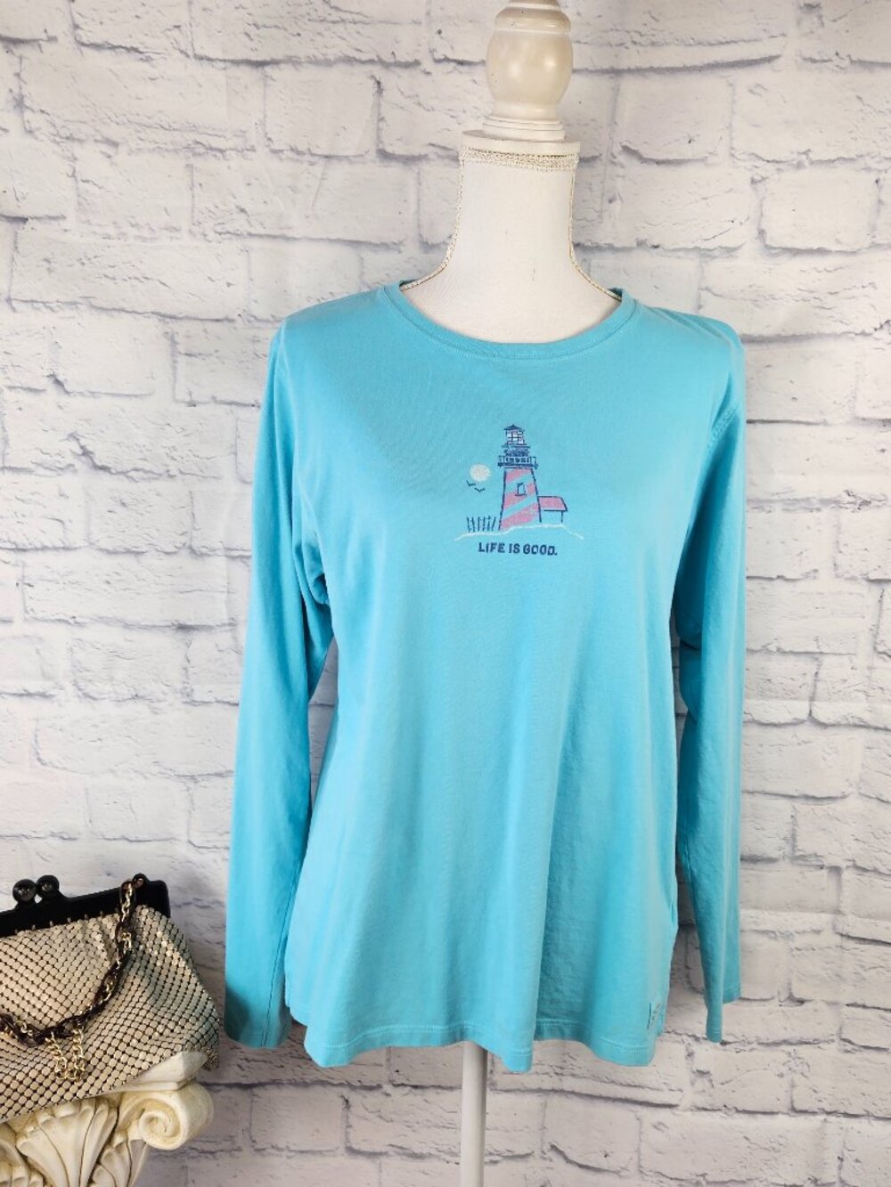 Life is Good Womens Sz L Light Blue Lighthouse Long Sleeve Classic Crusher Shirt